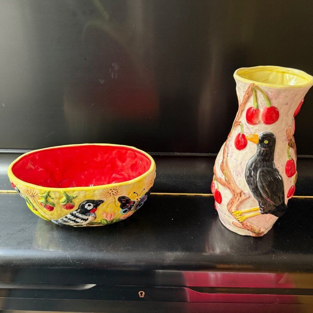 Nathalie Lete vase for Anthropologie Tall with bird and cherries